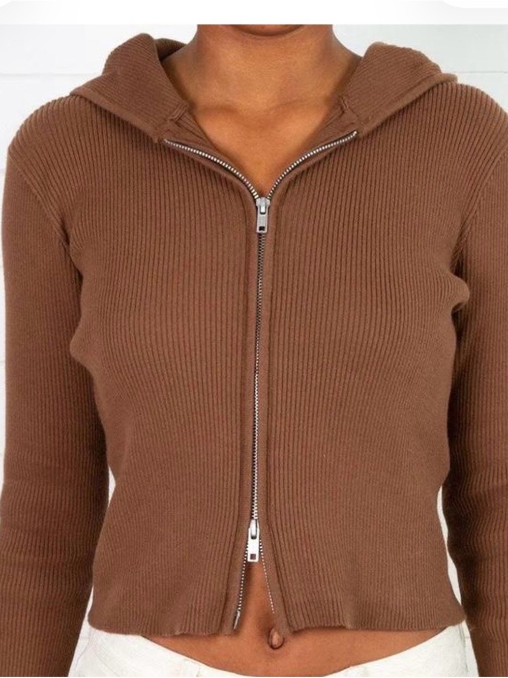 Brandy Melville Women's Brown Ribbed Knit Full Zip Hooded Hoodie One Size